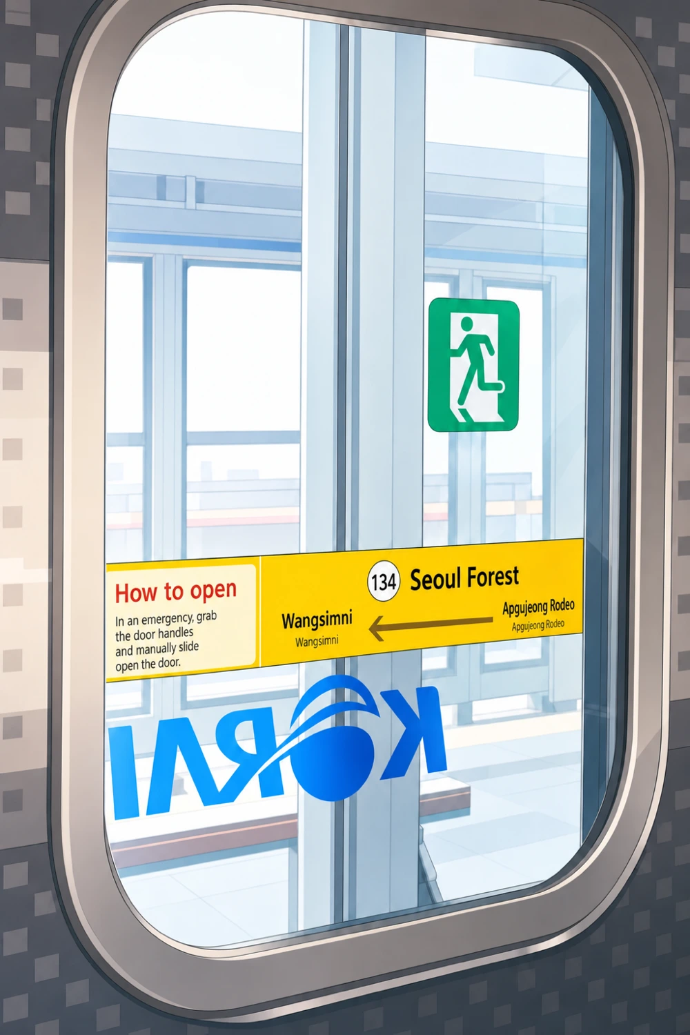 The Seoul Forest station sign outside the subway window